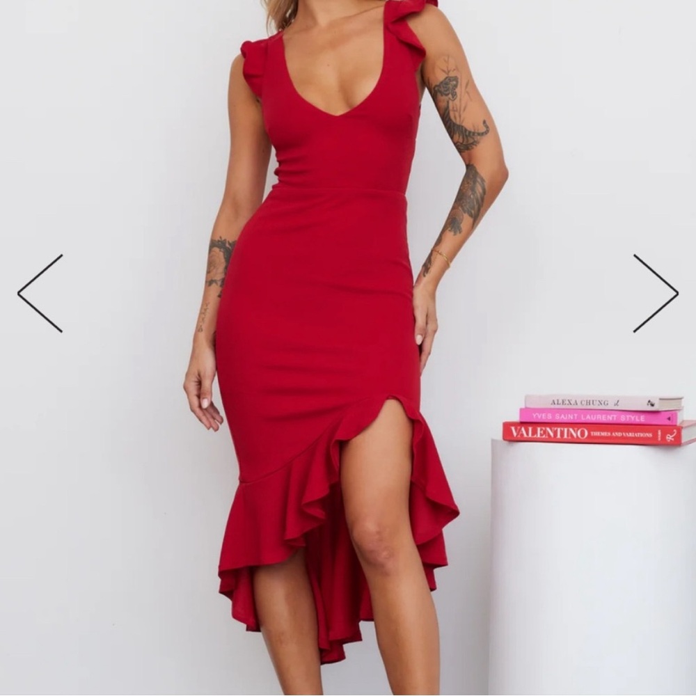 Hello Molly red ruffle samba midi dress lace back